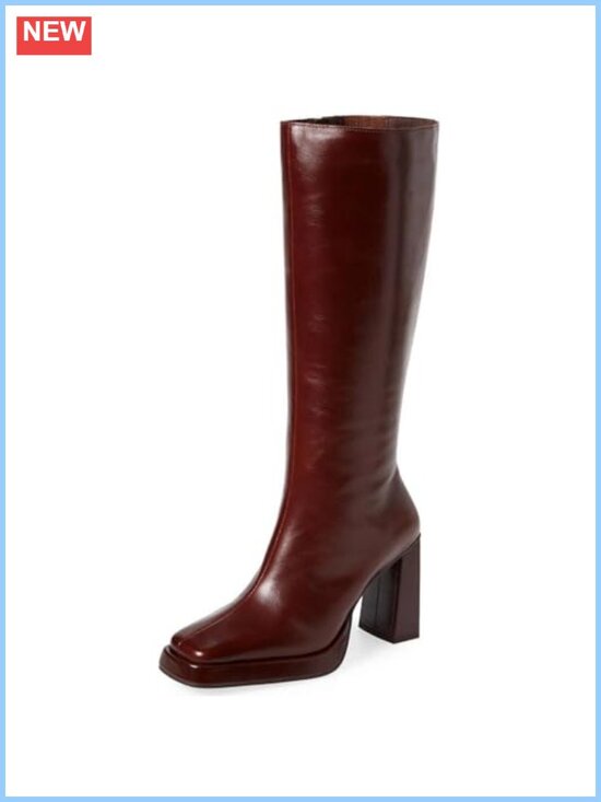 Shoes - Vegan Leather Knee High Platform Boots Square Toe Chunky Block Heel Tall Boots